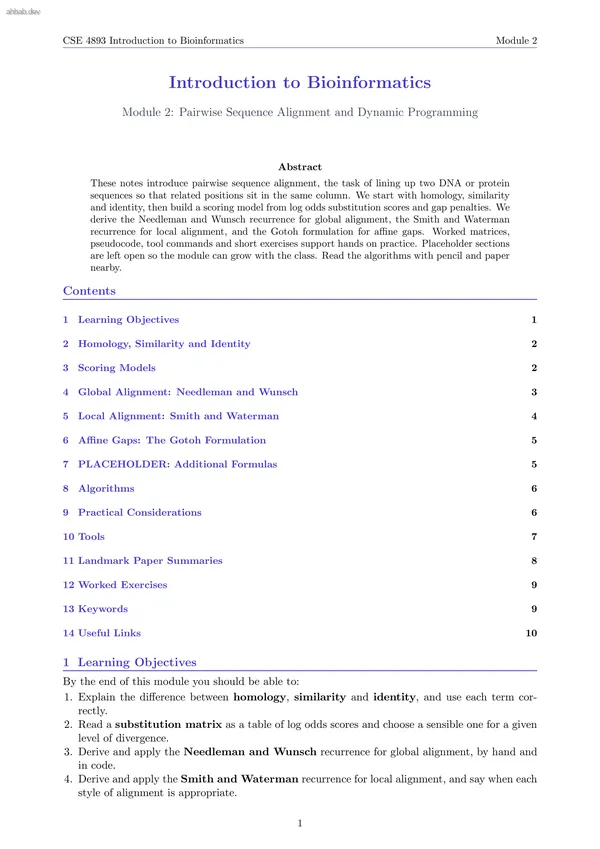 Pairwise Sequence Alignment and Dynamic Programming, first page preview
