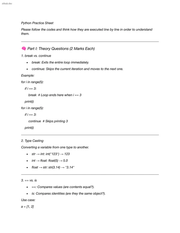 Python Basics Practise Sheet, first page preview