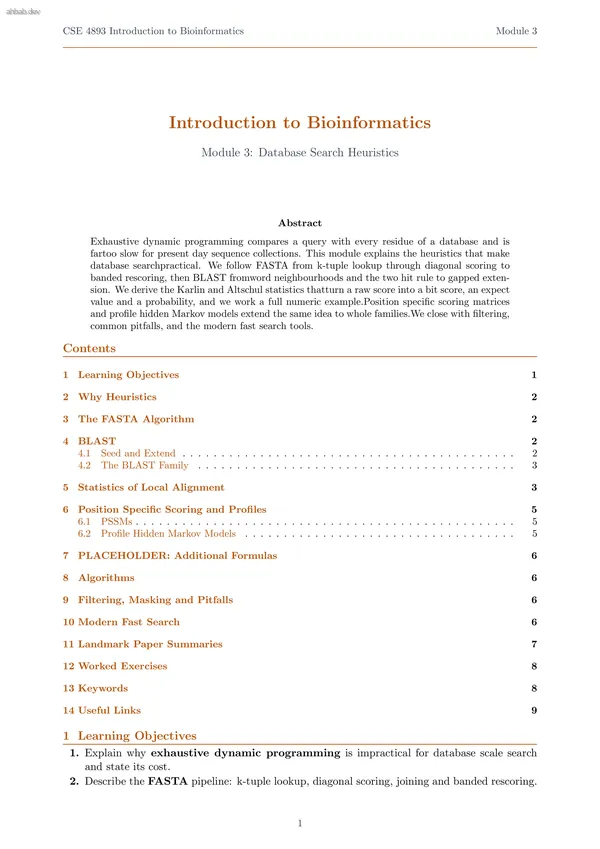 Database Search Heuristics BLAST, FASTA and Profile Methods, first page preview