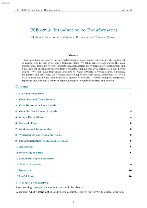 Functional Enrichment, Pathways and Network Biology, first page preview