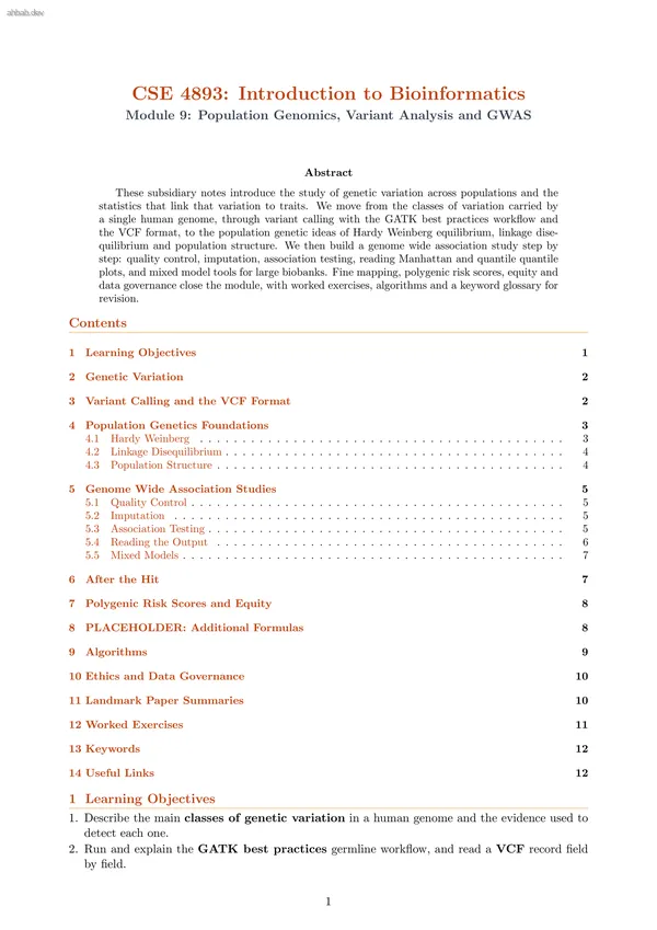 Population Genomics, Variant Analysis and Genome Wide Association Studies, first page preview